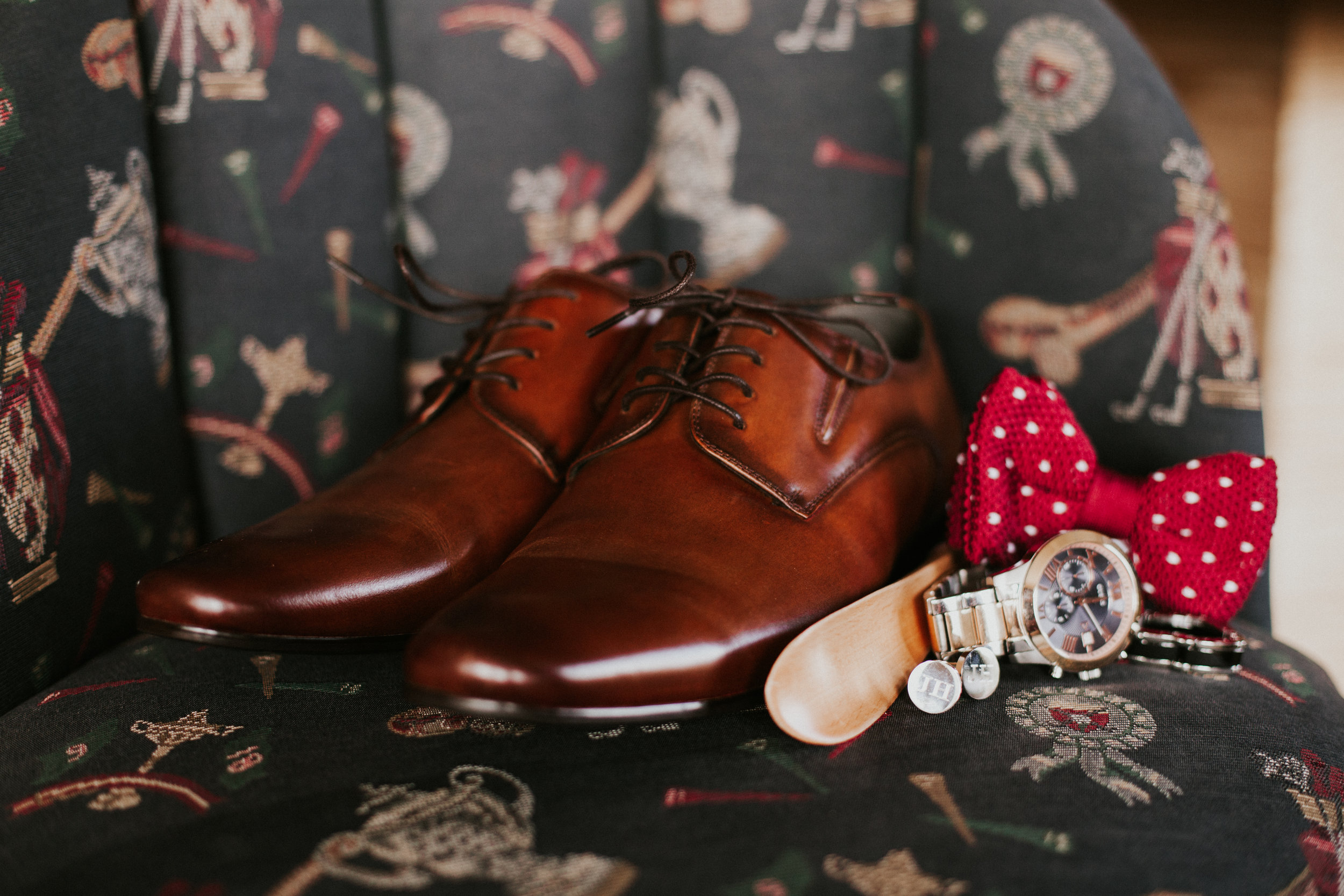  Hope Valley Country Club, Raleigh NC | Fall wedding | Groom’s detail photo - Red polka-dot bow-tie, custom cufflinks | Marina Rey Photography 