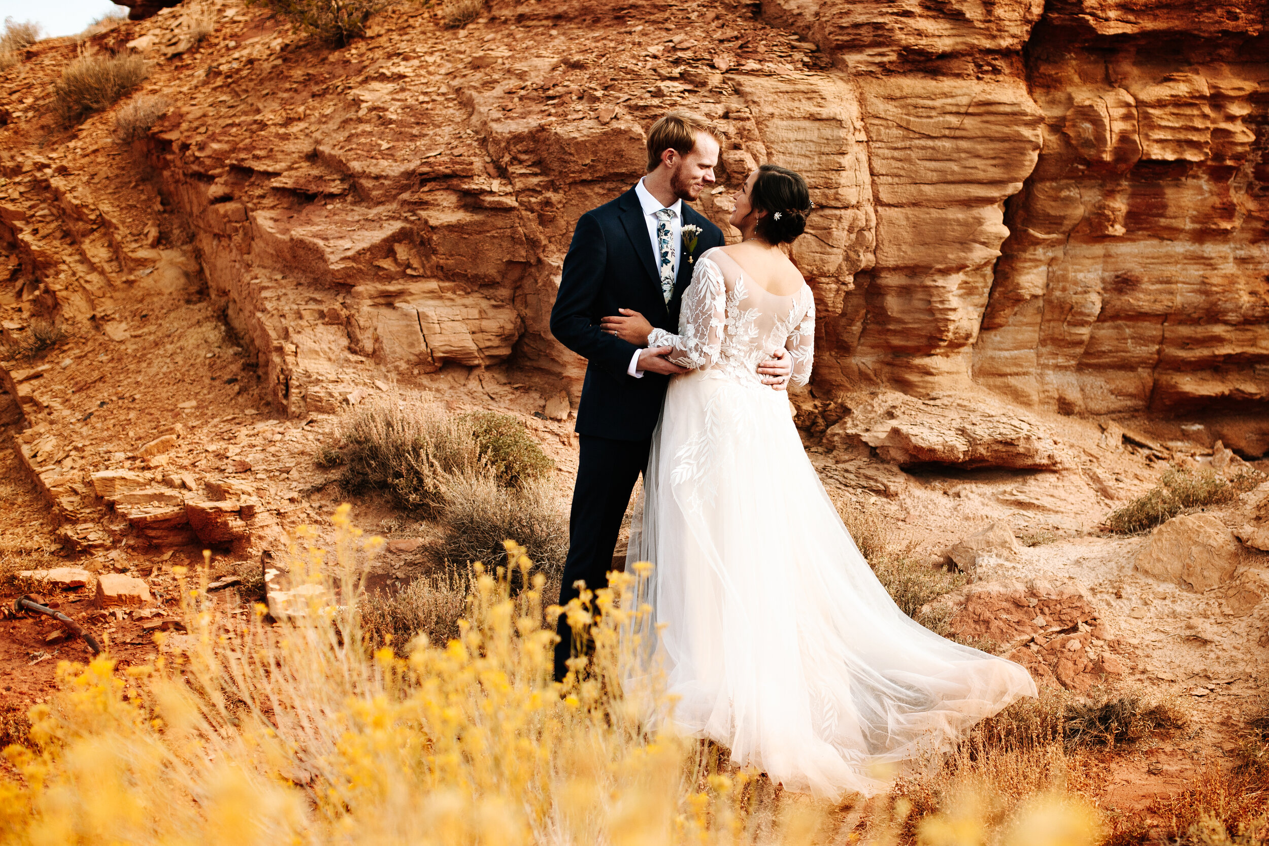Couple at their desert wedding in Moab, Utah.